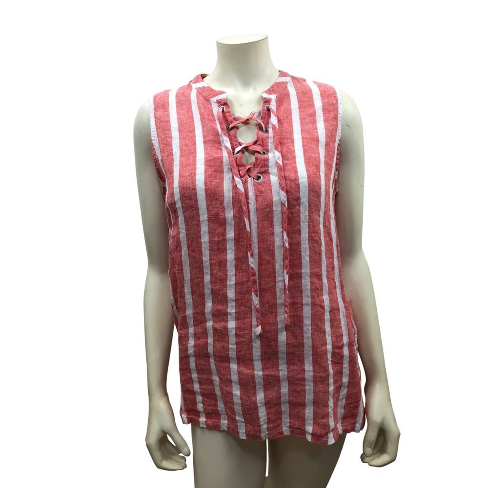 Christian Siriano Red &‎ White Striped Sleeveless Lace-Up Linen Top Sm